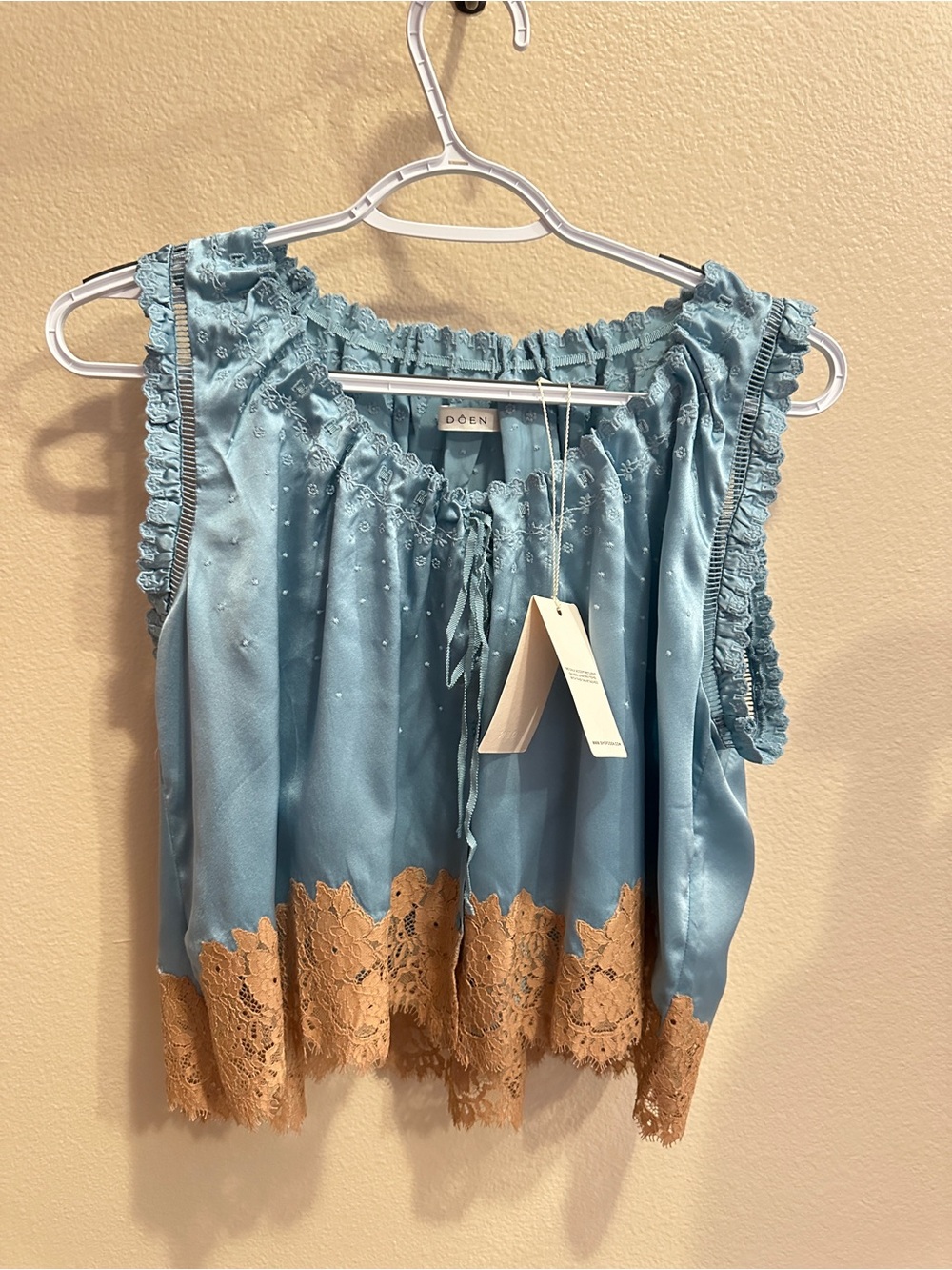 Doen Sky Blue Camisole with Tan Lace Hem